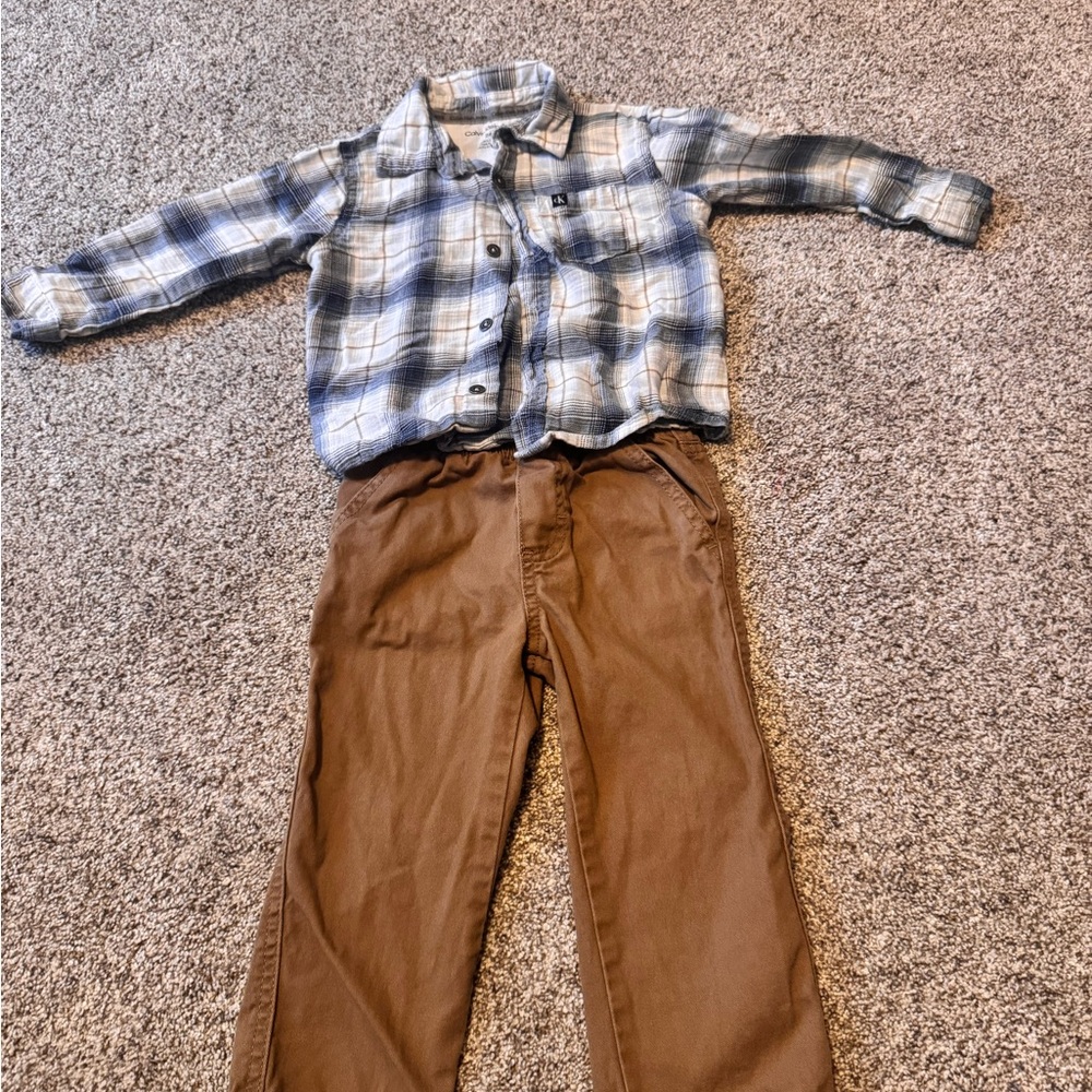 Calvin Klein Plaid Shirt and Brown Pants Set